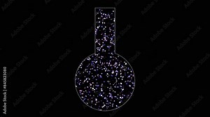 Round bottomed flask with bubbles inside. Glass round bottom flask containing swirling particles. Glass flask with atoms, molecules suspended in liquid chemical solution. 3d animation rendering.