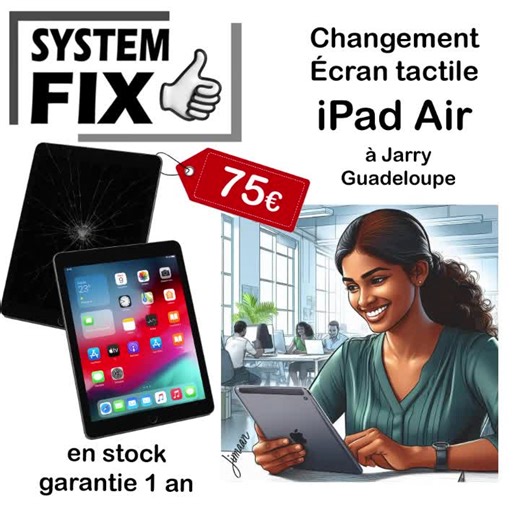 Changement écran tactile iPad Air 75 € - Garantie de 1 an en Guadeloupe - à Jarry #systemfix #iPad #guadeloupe #gwada https://www.systemfix.fr/ https://www.systemfix.fr/reparation-ipad-guadeloupe-ecran