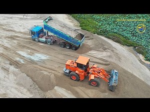 Tipper trailer truck unloading sand and wheel loader moving sand - sand construction machinery work