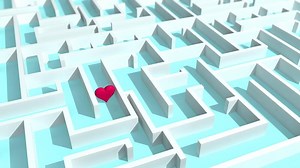 Download Red heart looking for the exit of a white square maze with a blue floor. Loop sequence. 3D Animation for free
