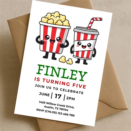 Popcorn Movie Night Birthday Invitation Template, Cinema Party Invite, Kids Movie Theme Birthday, Printable Digital Download, Editable Canva - Etsy