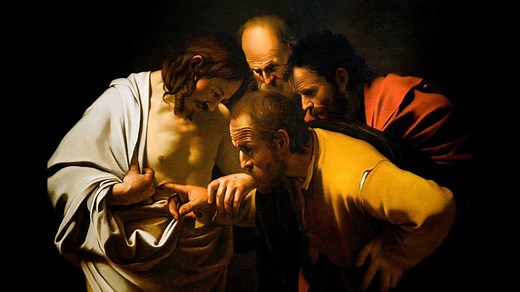 This week we look at one of Caravaggio's most famous paintings. 'The incredulity of saint Thomas' recalls the moment when Christ appeared to His disciples with Thomas specially in His mind. The apostle had doubted Christ's resurrection, claiming that he needed to see the holes made by the nails. In this painting, Caravaggio shows exactly what happens, as Christ invites Thomas to place his finger in the wound made by the lance of the Cross. All three apostles watch the events unfold in utter inan