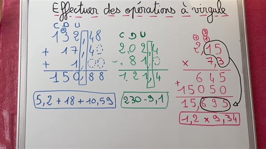 6.7K views · 74 reactions | CM1/CM2 - les opérations à virgule Dans cette vidéo : ➡️ la méthode pour poser et effectuer des additions, soustractions et multiplications avec des nombres décimaux. ➡️ des opérations corrigées pour bien s’entraîner à la maison  #maths #math #operationsnombresdecimaux #operations #addition #soustraction #MULTIPLICATION #cm1 #cm2 #primaire #college #6e #nombresdecimaux | Les cours de Sandra | Facebook