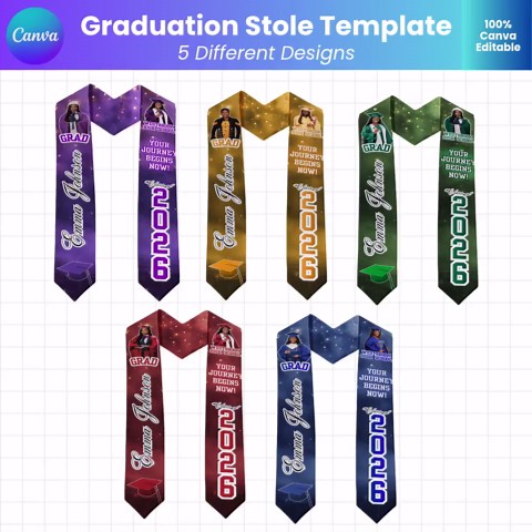 Graduation Stole Template Bundle, 5 Editable Grad Stole Designs, Class of 2026 Custom Photo Sash, Senior Graduation Stole, EDITABLE - Etsy