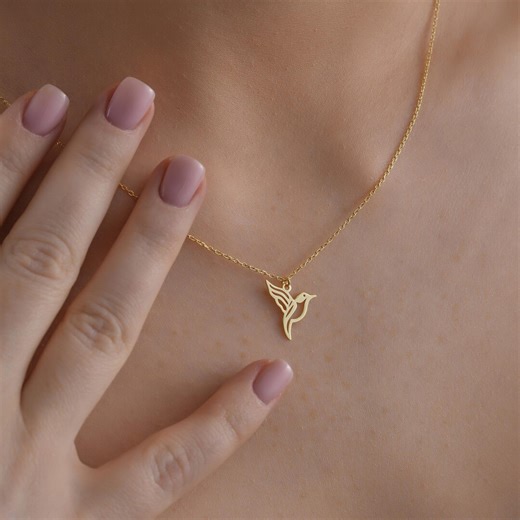 14K Solid Gold Hummingbird Necklace: Dainty Charm Jewelry - Etsy