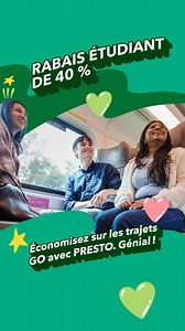 40 % de réduction avec GO et PRESTO. Déplacez-vous plus intelligemment, sans vous ruiner : GO vous emmène en cours sans vider votre portefeuille. | GO Transit
