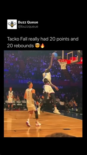 Buzz Queue on Instagram: "Is this even fair? 💀 Tacko Fall just put up one of the most disrespectful stat lines in Celebrity Game history: 20 Points, 21 Rebounds, and 5 Blocks. He started the game at POINT GUARD and finished this reverse slam without even trying. [THE KNOWLEDGE DROP]: Tacko Fall’s 20-20 performance is a first for the NBA Celebrity Game, with many fans calling it the most dominant MVP snub in the event’s history after Rome Flynn took the trophy. W Legend or L Snub? (Credit: @nba)