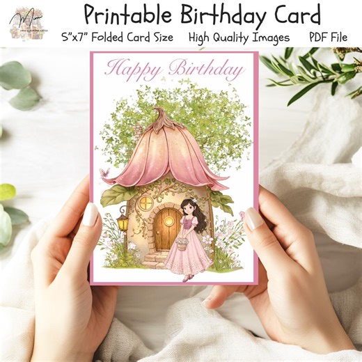 Princess Birthday Card, 5x7” Printable Greeting, Whimsical Fairy House Birthday Card PDF, DIY Printable Card, Digital Download - Etsy
