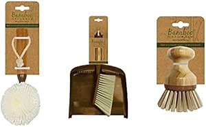Evriholder Bamboo Naturals Cleaning Set, Kitchen Essentials Pack Includes Wine Glass Brush, Dust Pan and Hand Broom, & Mini Scrubber