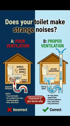 🚽🔊 DOES YOUR TOILET MAKE STRANGE NOISES? HERE’S THE REAL REASON! Ever heard gurgle-gurgle sounds after flushing? 😬 This image clearly explains the difference between POOR and PROPER VENTILATION in plumbing systems. --- ❌ A: POOR VENTILATION (WRONG WAY) 🚫 Negative Pressure Forms 🚫 Air Pulled From Room 🚫 Trap Seal Breaks 🔻 WHAT HAPPENS? • 😖 Gurgling sounds • 🐌 Slow & noisy flushing • 💨 Sewer gas risk • 💧 Water seal loss • ⚠️ Unhygienic system 🟥 Result: INCORRECT PLUMBING DESIGN --- ✅ B