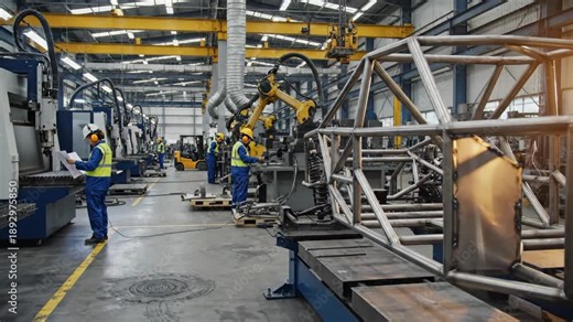 Factory workers assemble vehicle chassis using robotic welding in automobile tuning workshop. Manufacturing process for car structure.