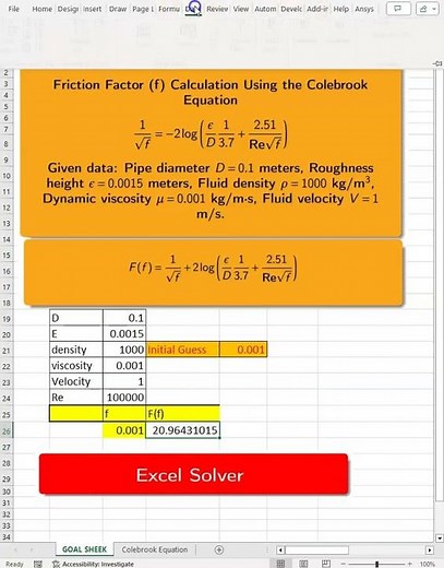 Excel Solver Friction factor Colebrook equation #fluidmechanics #excel #solver #chemicalengineering