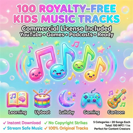 100 Royalty Free Kids Music Bundle, Background Instrumentals for Youtube Videos, Stream Safe Podcast Audio, No Copyright Lullaby and Gaming - Etsy