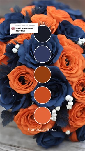 Replying to @hilex20 Absolutely!! Here is burnt orange and navy blue wedding color ideas! If you want to see more burnt orange or navy blue wedding color ideas then click the 🔗 in my bio! Inspo for wedding bouquet ideas, boutonniere ideas, and table decor ideas!! #weddingcolorideas #weddingcolortheme #weddingtiktok #weddingtheme #weddingflowers #weddinginspo