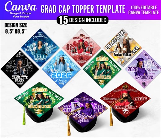 15x Graduation Cap Topper Canva Editable Designs | Canva Photo Strip Graduation Cap Topper Templates | Personalized Senior Cap DIY Bundle - Etsy