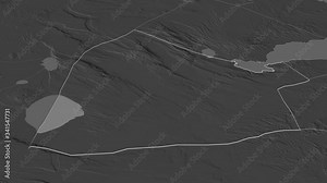 Dikhil, region with its capital, zoomed and extruded on the bilevel map of Djibouti in the conformal Stereographic projection. Animation 3D