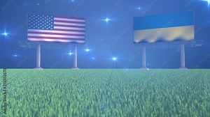 3d animated soccer ball bouncing in front of billboards with the flags of USA and Ukraine with flickering lights in the background in 4K resolution
