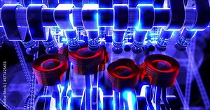 Powerful 3D V8 engine producing energy. Stylish engine with moving parts. Camera moving slowly.