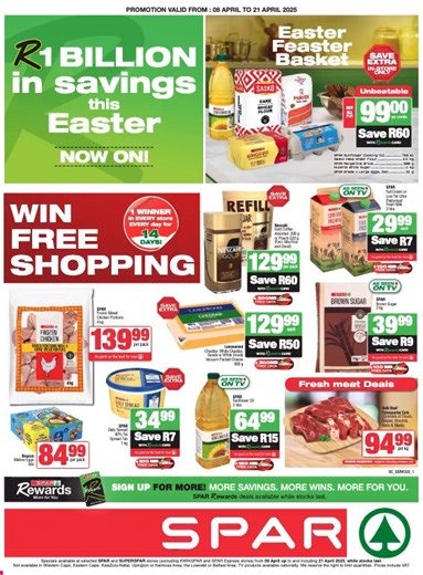 🥚🐰#SPARBillioninSavings brings you MORE SAVINGS this Easter! SHOP between 8 - 21 April 2025 and stand to WIN FREE SHOPPING! #SPARRewards 🛒🥳 🛒https://bit.ly/4hOjxhR | My SPAR