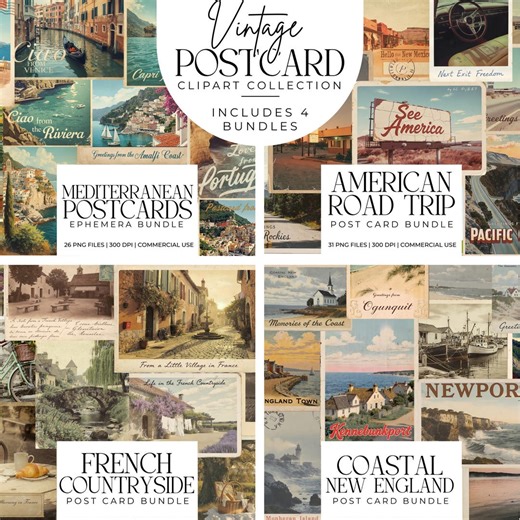 Vintage Postcard Collection, Mediterranean, French, American Road Trip, New England Coastal Ephemera, Travel Journal Scrapbook Clipart - Etsy