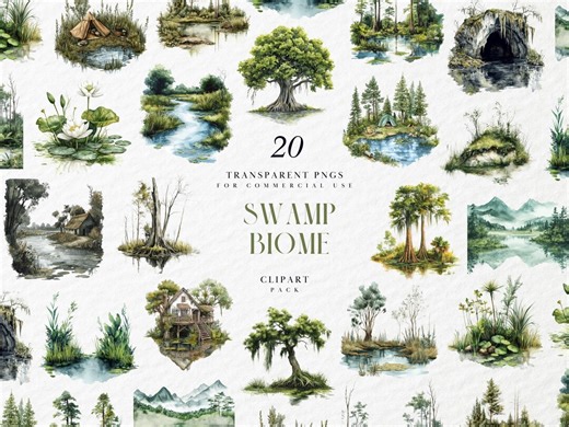 Watercolor Swamp Biome Clipart, Bayou Waters, Cypress Trees, Marsh Grass, Wetland Pond Wildlife, Transparent PNG Graphics, Commercial Use - Etsy