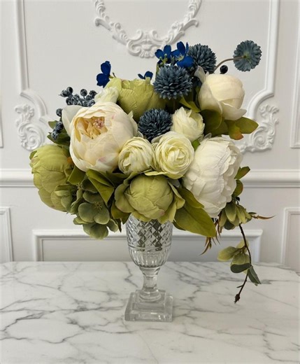 Artificial Peony Arrangement, White Blue Green Silk Flowers, Glass-cut Pedestal Vase - Etsy