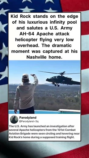 Kid Rock stands on the edge of his luxurious infinity pool and salutes a U.S. Army AH-64 #shorts