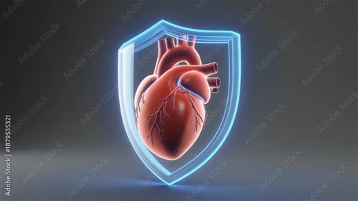 3D realistic human heart enclosed by a glowing protective shield representing cardiovascular health, heart disease prevention, medical insurance, and advanced healthcare technology.