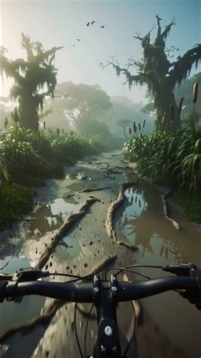 Bicycle Ride Through a Misty Swamp Road 🚴‍♂️🌿