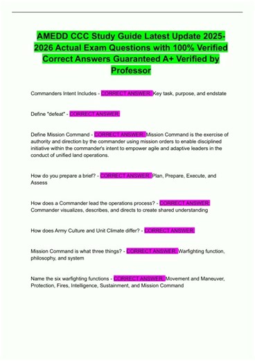 AMEDD CCC Study Guide Latest Update 20252026 Actual Exam Questions with 100 Verified Correct Answers