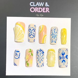 Limoncello Press On Nails: Sommerzitrone, blaues Porzellan, quadratische künstliche Nägel - Etsy.de