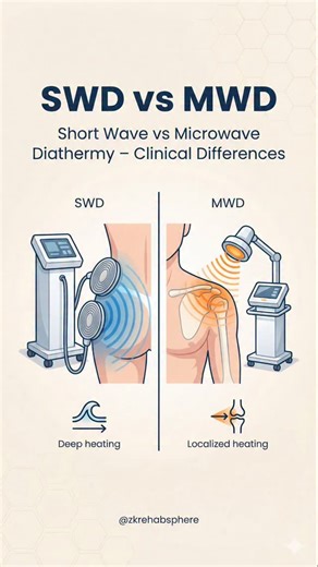 ZK Rehab Sphere on Instagram: "💡 Clinical Truth: Both SWD and MWD are deep heating electrotherapy modalities — but they differ in penetration depth, heating pattern, and safety profile. 🩺 SWD (Short Wave Diathermy): ✔️ Produces deep, uniform heating ✔️ Best for large muscle groups & deep tissues ✔️ Ideal for chronic low back pain, osteoarthritis, muscle spasm, and large joint conditions ⚠️ Needs strict precautions in patients with metal implants and careful dosage control 🩺 MWD (Microwave Dia