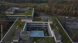 Aerial view over the famous Euermann Campus in Stuttgart over the highway A8 towards Leonberg. The Eiermann Campus was planned by famous Bauhaus architect Egon Eiermann from 1965 on and was used as an