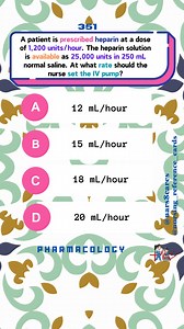 A patient is prescribed heparin at a dose of 1,200 units/hour. The heparin solution is available as 25,000 units in 250 mL normal saline. At what rate should the nurse set the IV pump? * * * #nurses #doctors #nursing #medical #nurseexam #NCLEX #nclexreview #nclexrn #registerednurse #medicaldoctor #medicine #nclexprep #nursingstudent #medicalstudent #RN #NMCCBT #fbreels #fypシ゚ @highlight @followers @everyone | Nursing Reference Cards