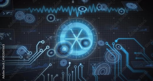 Glowing central hub initiating HUD, pulsing and rotating as ripples and circuits revealing status