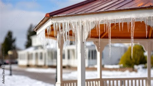 Melting icicles hanging from roof edge visible dripping water in cold weather conditions. Seasonal thaw process showing ice melting, roof runoff and temperature change in a residential environment.