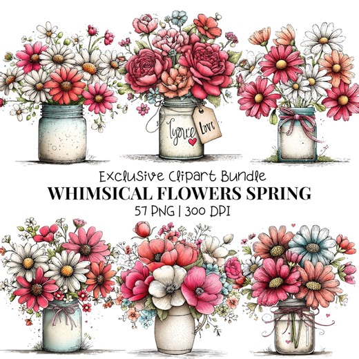 Whimsical Spring Flowers Clipart: Hand-drawn Floral Bouquet Graphics (digital Download - 57 Pngs) - Etsy