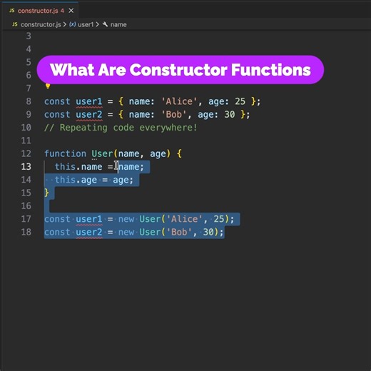 Fullstack Flow on Instagram: "Learn the RIGHT way to create multiple objects in JavaScript using Constructor Functions! 🚀Instead of repeating code, use constructor functions as blueprints to create unlimited objects with the 'new' keyword. Perfect for beginners learning JavaScript OOP! 💡 🔗 Full tutorial on my channel 👉 Follow for daily JS tips #javascript #WebDevelopment #Programming #Coding #LearnToCode #JavaScriptTutorial #WebDev #CodeNewbie #100DaysOfCode #DeveloperLife #ConstructorFuncti