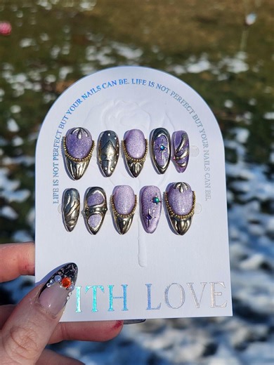 Amethyst Press on Nails, 3D Gold Detail Prom Nails - Etsy