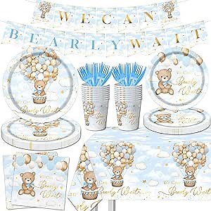 Blue Bear Baby Shower Decorations, 142Pcs Bearly Wait Baby Shower Decorations Tableware Set Includes Plates,Napkins,Cups,Banner,Tablecloth for Boy Bear Party Supplies