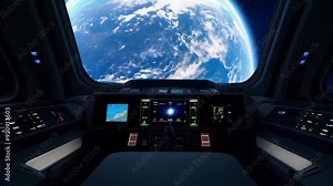 A spacecraft cockpit view showcases Earth from space, emphasizing technology and exploration with a cinematic feel.