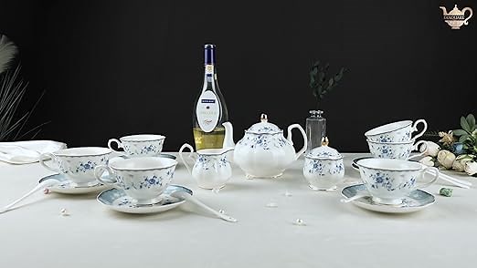 British Floral Porcelain Tea Set for Women, Blue Rose