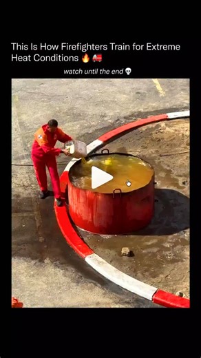 sci || tech || history on Instagram: "This is the kind of heat training firefighters go through before they ever face a real blaze 🧯🔥 They stand in water-filled drums while a controlled fire burns right beside them, forcing their bodies to adapt to intense temperature swings. The cold water keeps their lower body stable, while the upper body experiences the raw heat they’ll face inside burning buildings. This drill builds heat tolerance, calmness under pressure, hose control, teamwork, and spl