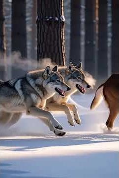 Wolf Pack Chasing a Deer in Snow – “Frozen Hunt”