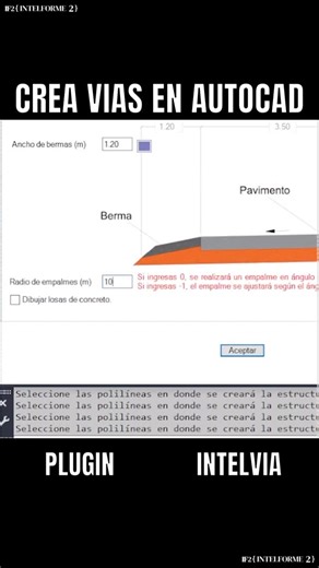 Intelforme2 on Instagram: "🛣️ Crea vías en AutoCAD; ahora puedes crear toda la geometría y hatchs de una vía simplemente dando clic en las polilineas que representan los ejes. Plugin para #autocad y #civil3d ¿Te gusta este tipo de contenido? ¡Dale like 👍 y compártelo para ver más en mi canal! 📲 No olvides seguirme para conocer más herramientas y tips como este."