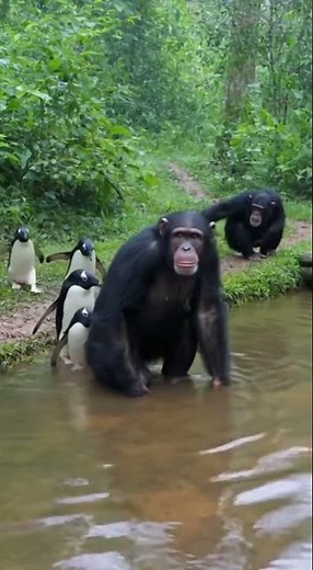 Chimpanzees Help Penguins Cross Flooded Path!