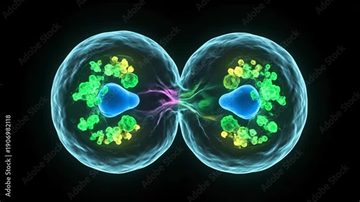 A cell undergoes division, its nucleus splitting and cytoplasm separating. This biological process creates two new identical daughter cells.