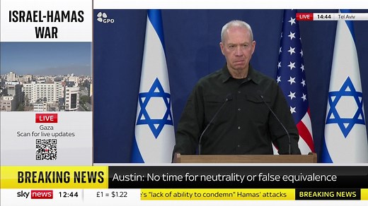 202K views · 3K reactions | Israeli Defence Minister Yoav Gallant spoke at a news conference about the 24-hour deadline for people to leave Gaza City. He says "the camouflage of the terrorist is the civil population" so "those who want to save their life, please go south". https://trib.al/YUGXcR8 Sky 501 | Sky News | Facebook