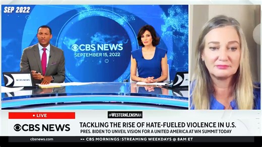 Prime example here of how Democrats and their MSM PR wing would launder the SPLC's propaganda as “news."In this 2022 CBS News segment, SPLC Director Susan Corke is teed up to say that violent extremism in MAGA is "one of the biggest existential threats that is facing our democracy."“Extreme, hateful, anti-democratic beliefs are now thoroughly infecting the mainstream and particularly the Republicans."“The majority of Republicans believe that violence against opponents is ok.""So by Biden really 