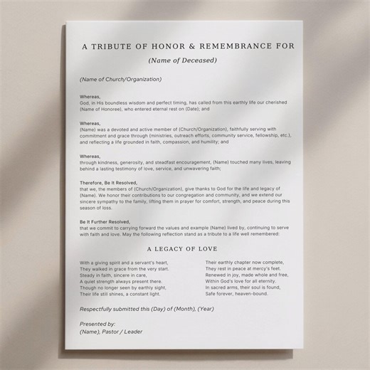 Editable Funeral Resolution Letter, Church Grievance Tribute Honor Template From Pastor, Memorial Service, in Loving Memory, Canva - Etsy Canada